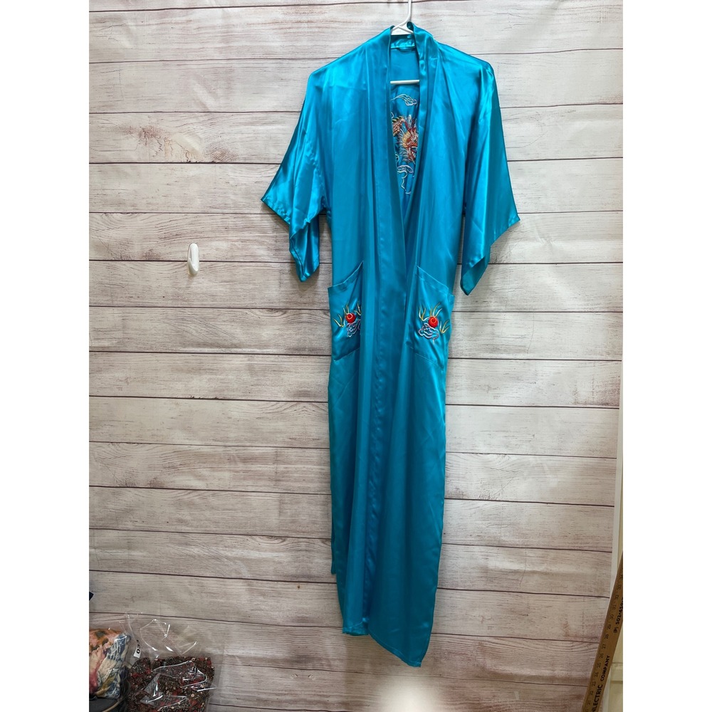 SATINY TEAL KIMONO WITH BEAUTIFUL EMBROIDERY